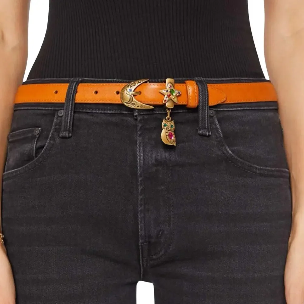 Mother Denim Charm School Brown Owl Star Moon Boho Leather Belt size M NEW Tags
